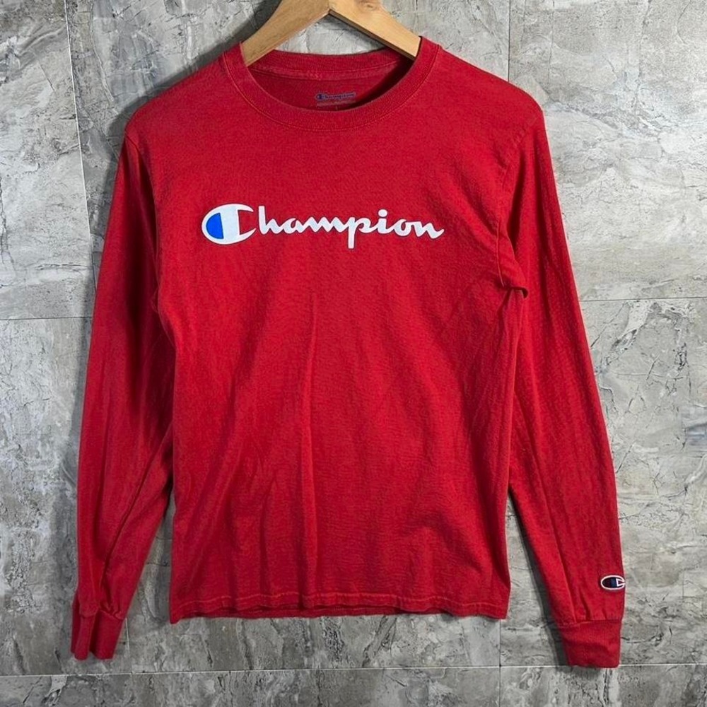 Champion red long sleeve shirt with white logo Mens Size Small  #champion spring
